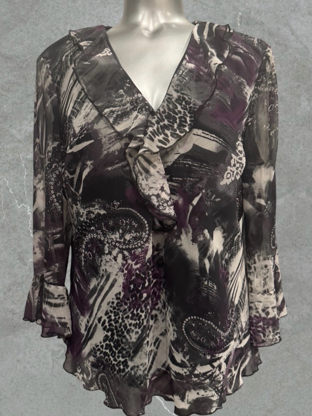 Y2K Ruffled V-Neck Printed Blouse in Purple and Black